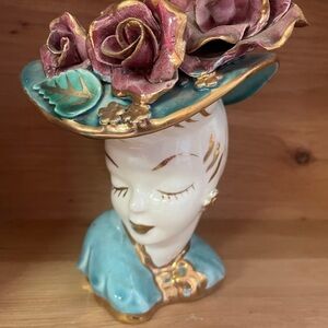 Elegant Ceramic Lady Head Vase with Floral Hat